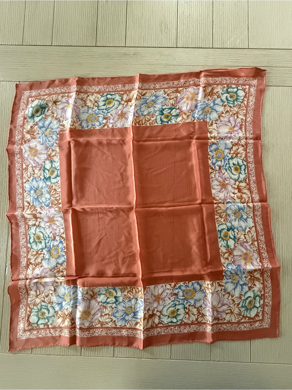 Echo Coral Silk Scarf with Floral Corner